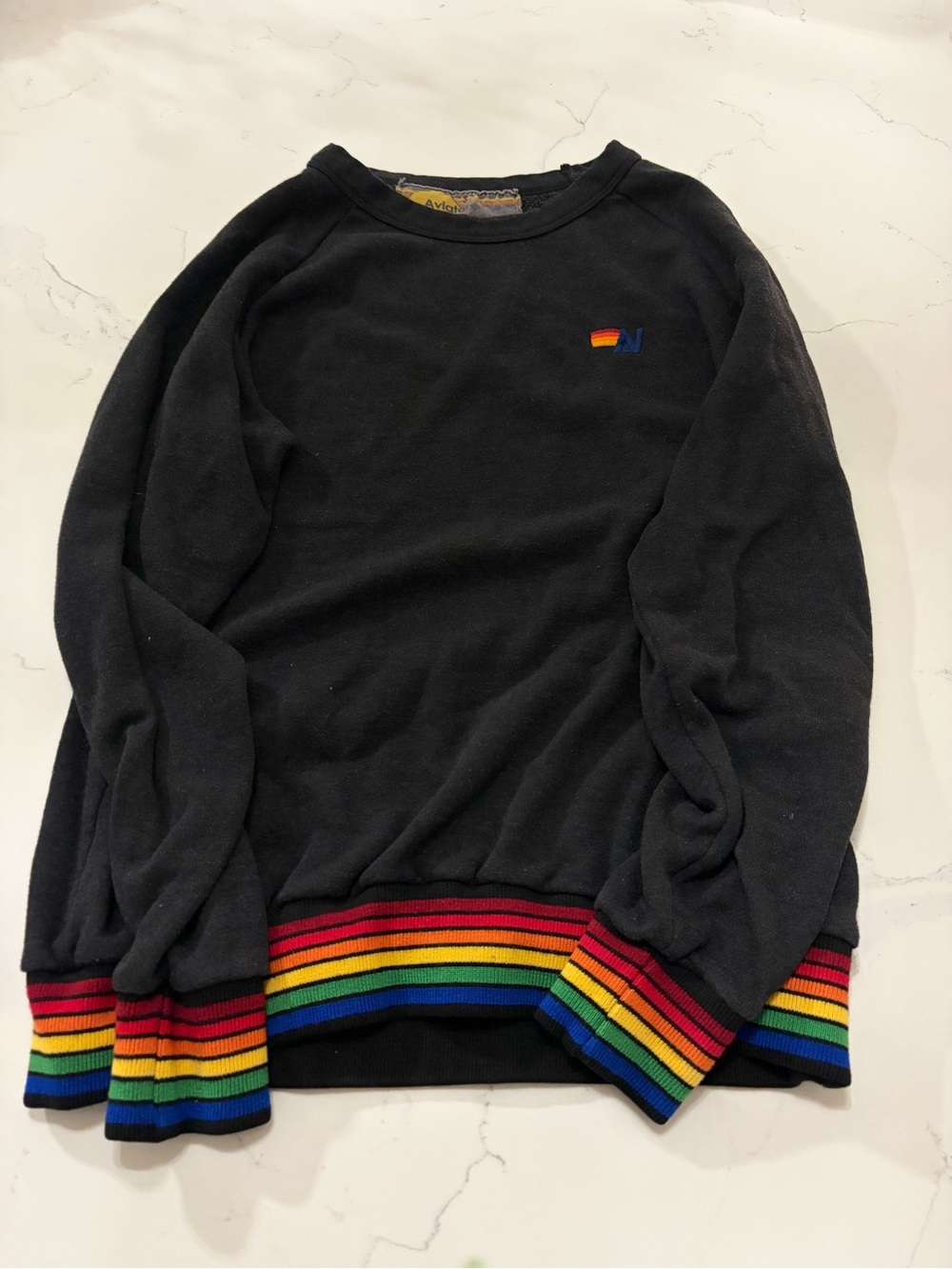 Aviator Nation Black Crewneck Sweater with Rainbow Trim